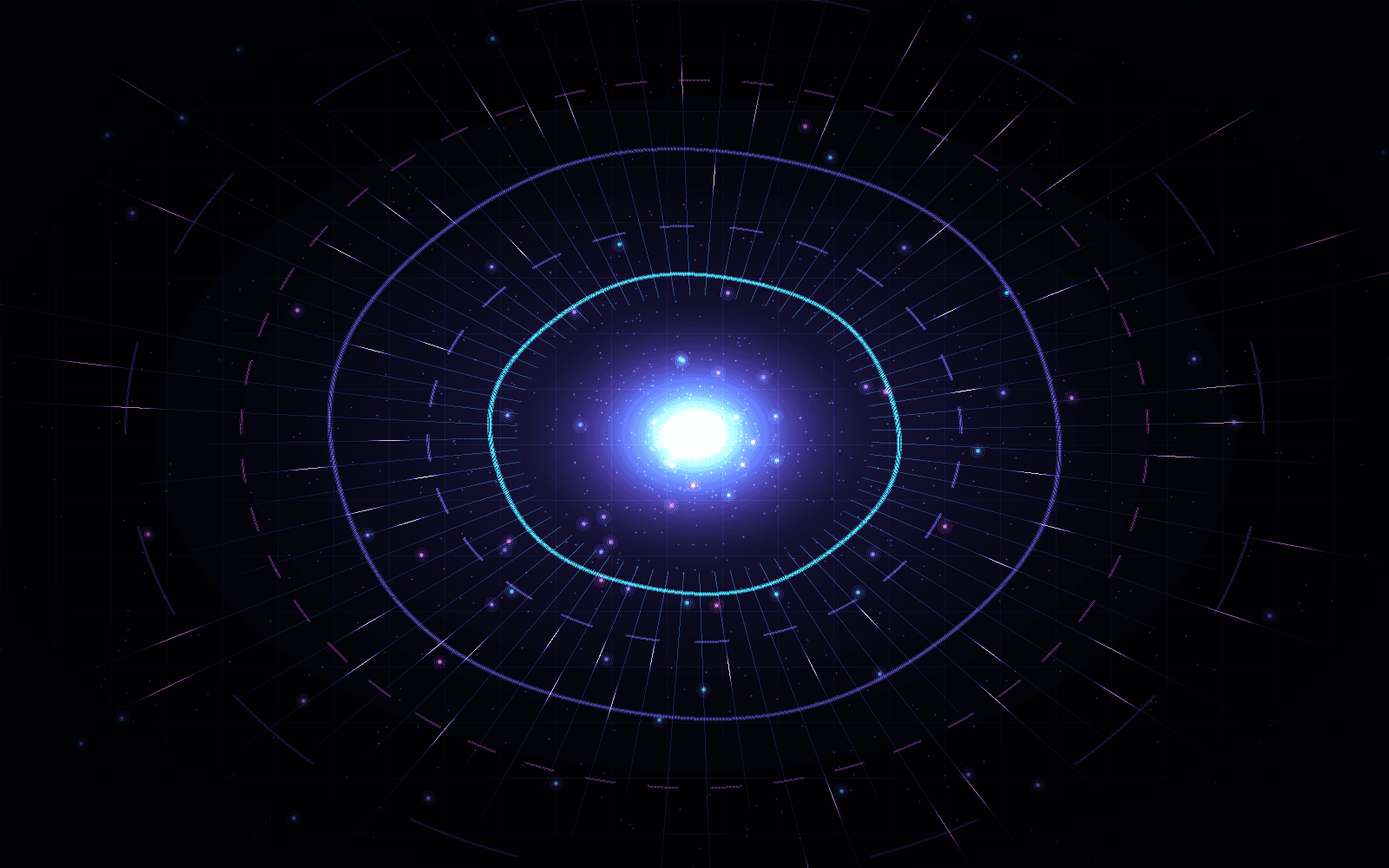 Abstract rendering of an AI compute core: concentric data rings, radial signal spokes and a glowing centre.