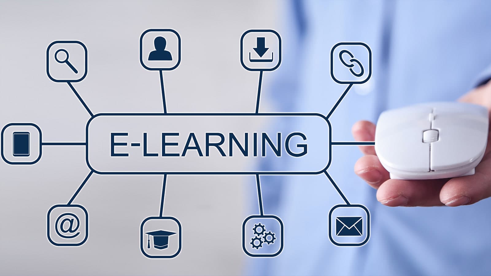 E-learning course modules on a cyan gradient