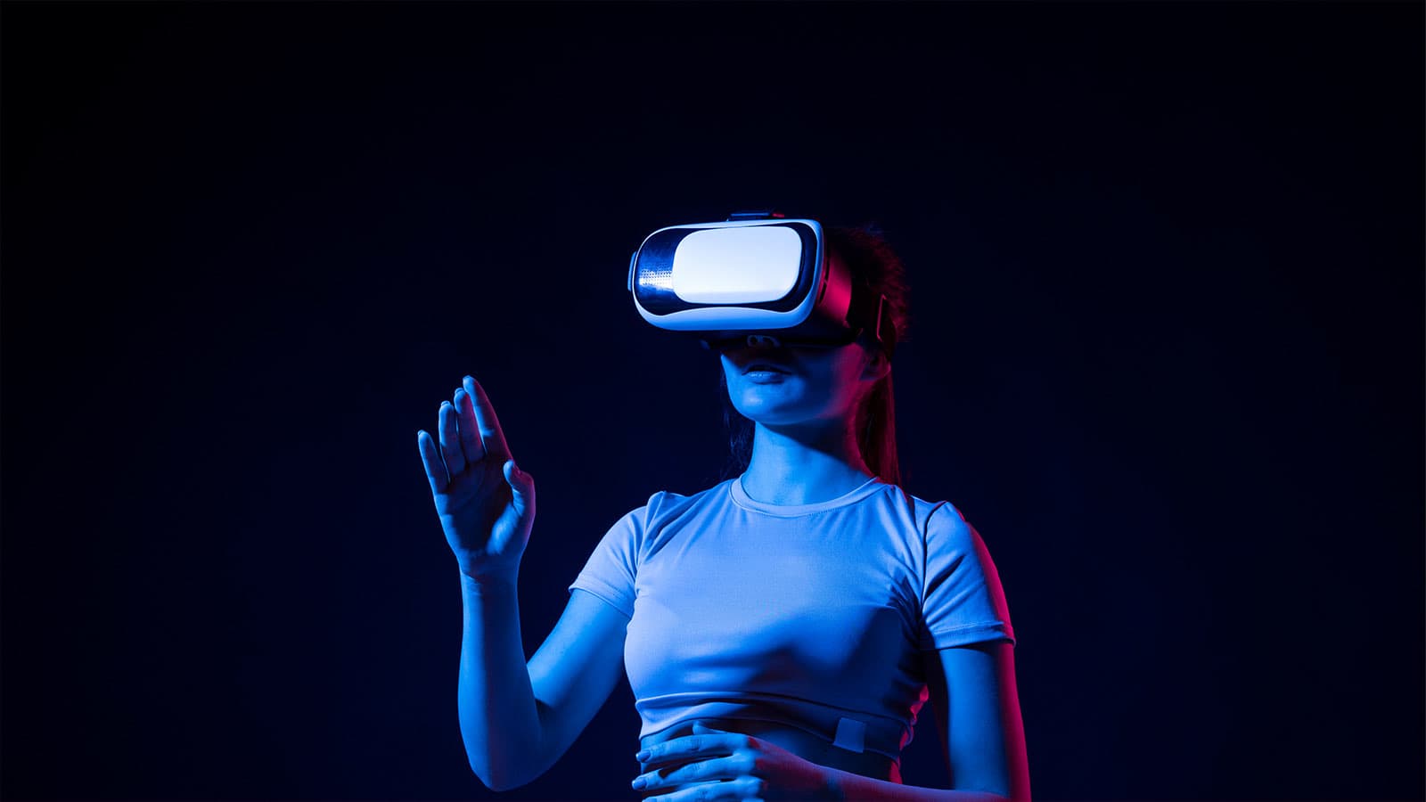 Immersive 3D metaverse scene on a violet gradient